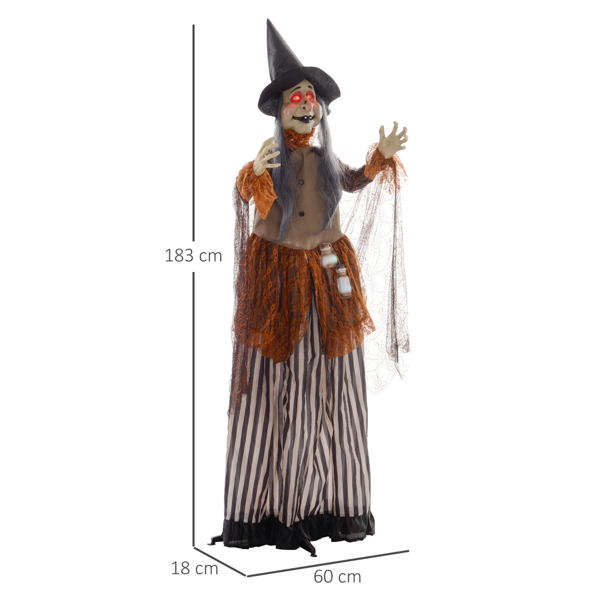Red glowing eyes on a 183cm Halloween witch prop