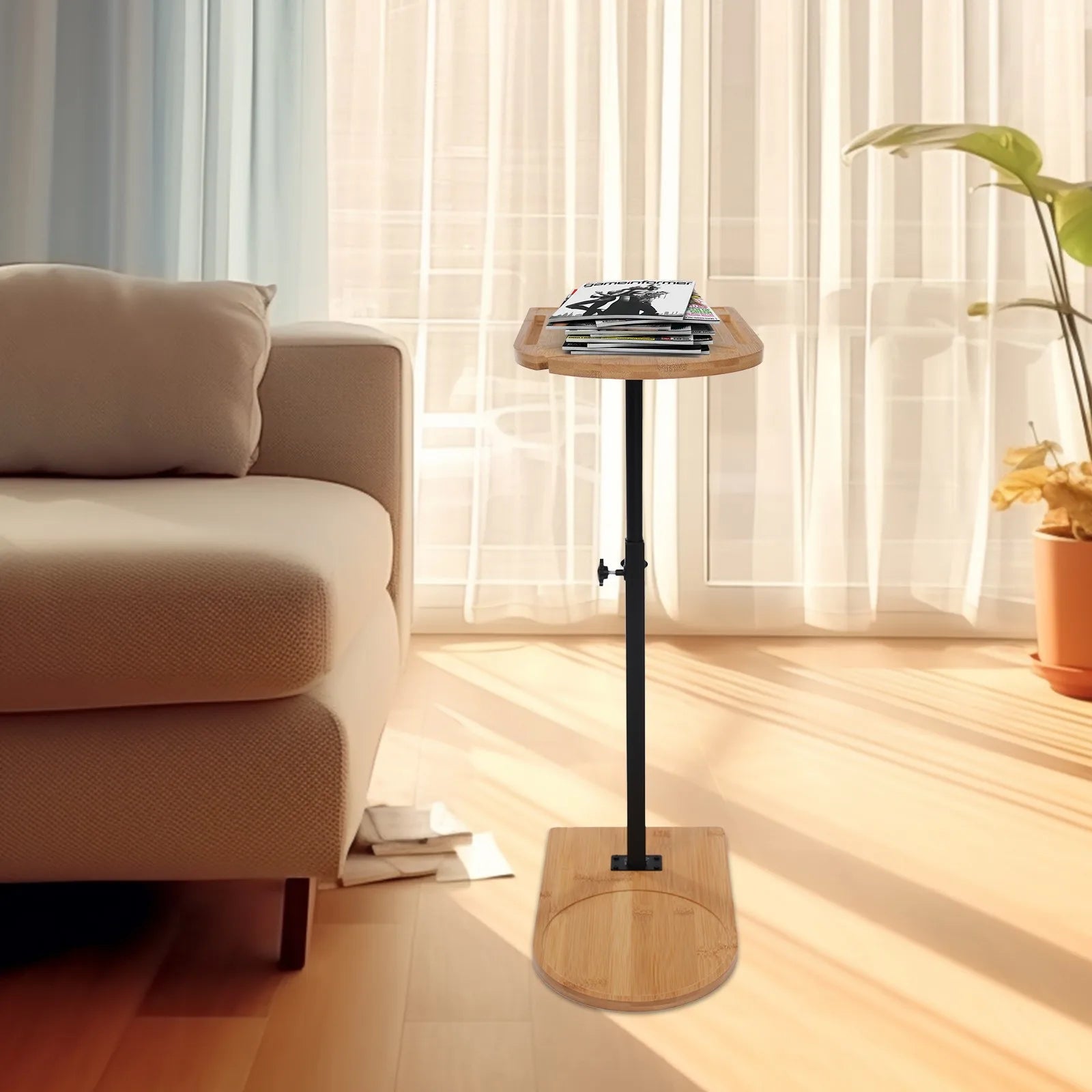 Bamboo C-Shaped Side Table with Adjustable Height and 360° Rotation | Sofa Bathtub Laptop Tray Table