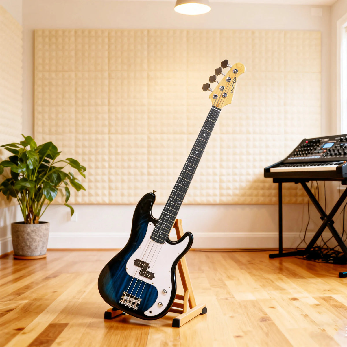 Full Size Electric Bass Guitar Beginner Kit with 15W Amp, Bag and Strap, Blue