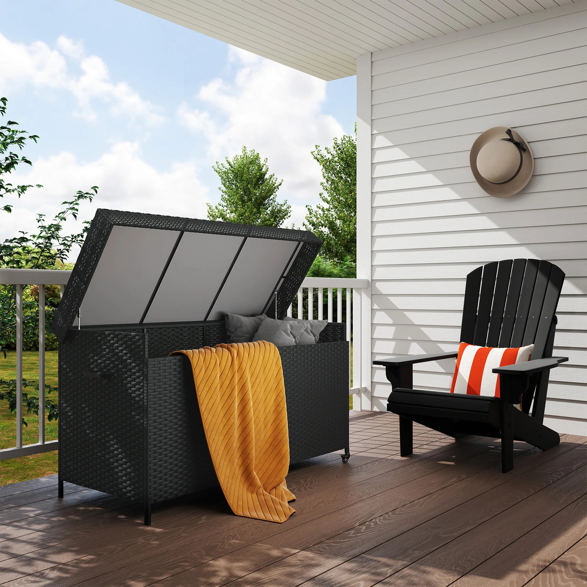 627L Rattan Outdoor Garden Storage Box with Gas Lift Lid, Wheels and Brakes
