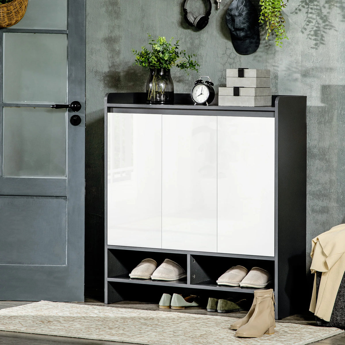 Shoe Storage Cabinet for 19 Pairs with High Gloss Doors 3 Adjustable Shelves and Open Compartments White