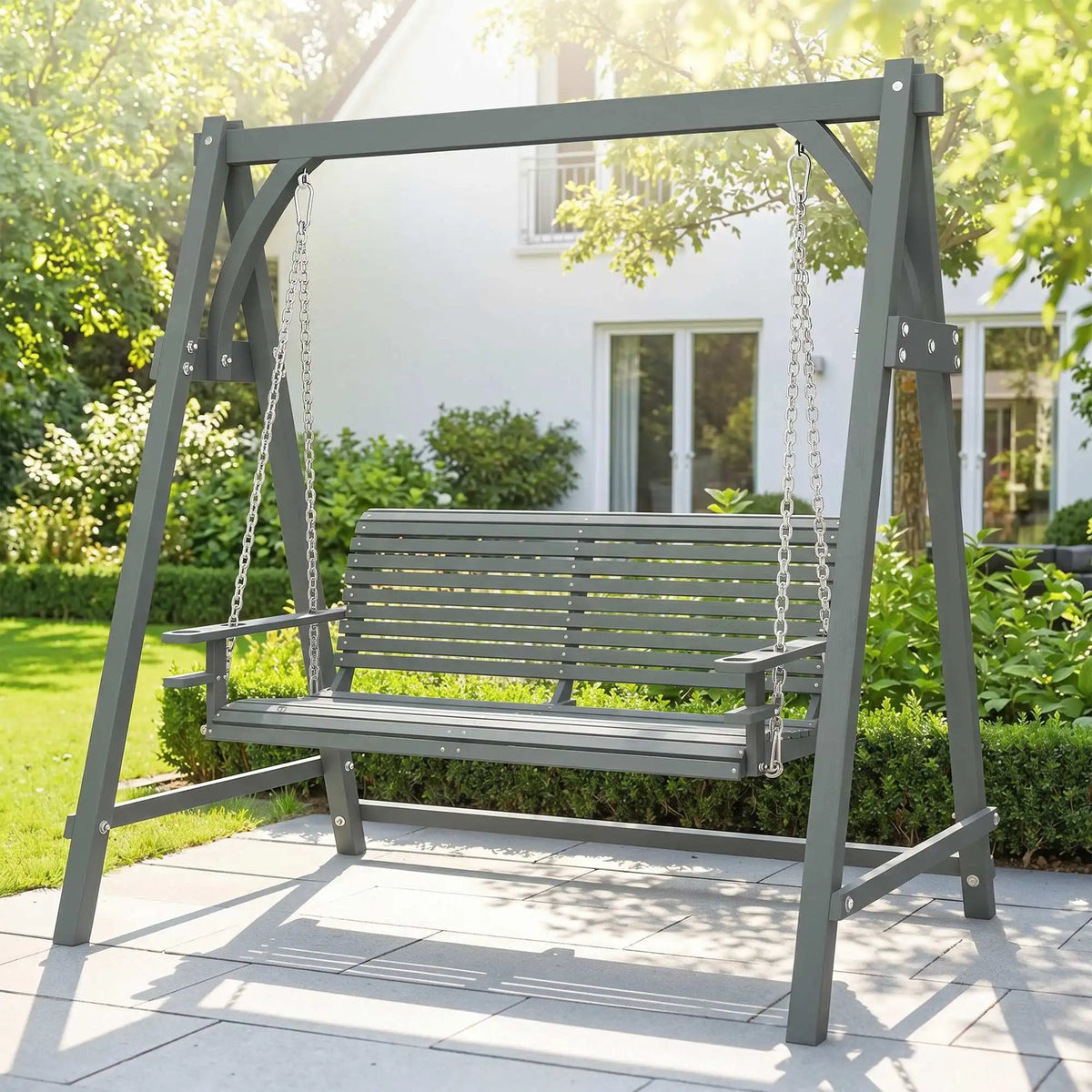 2 Seater Wooden Garden Swing Seat with Cup Trays and Galvanised Chains, Grey