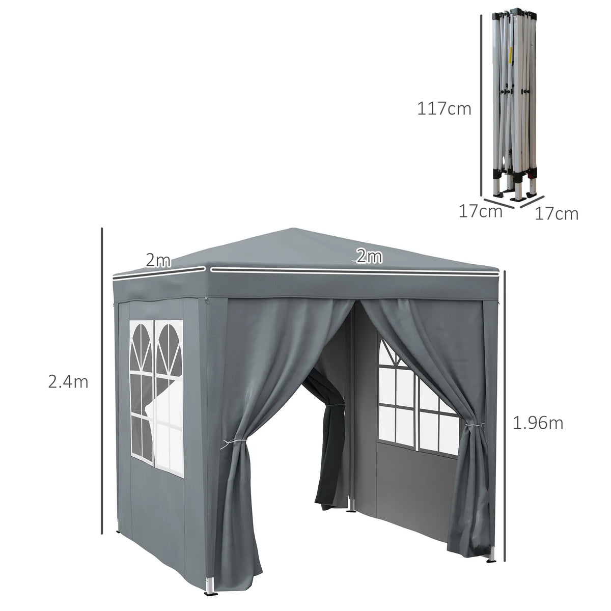 2 x 2m Garden Pop Up Gazebo, Wedding Party Tent Marquee, Water Resistant Awning Canopy, Grey