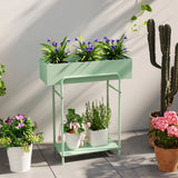 2 Tier Metal Plant Stand with Drain Holes Fenced Top 60x26x70cm Rust Resistant for Outdoor Garden Green