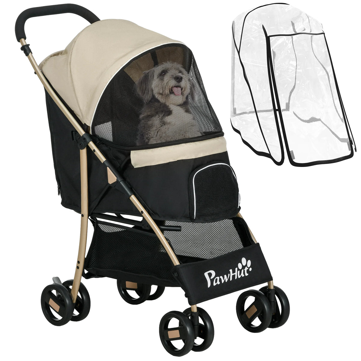 Interior cushion and safety leash inside a pet stroller