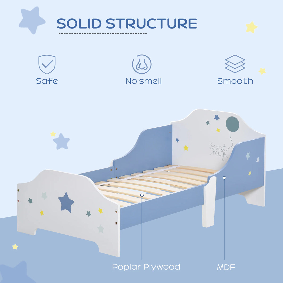 Toddler Bed Frame with Guardrails Low Rise Poplar Wood and MDF with Slats Star Design 50kg Blue and White