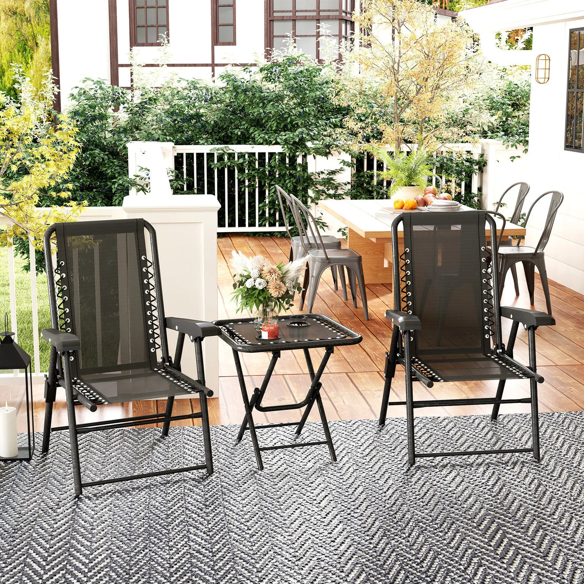 3 Piece Garden Bistro Set, Folding Table and Chairs with Cup Holders, Dark Grey