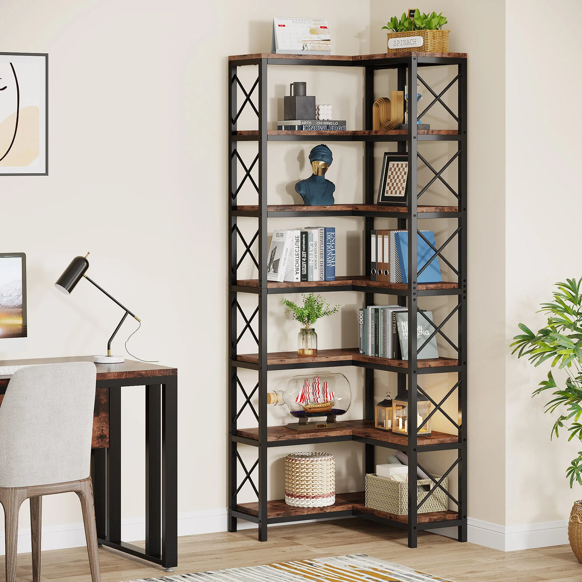 7-Shelf Large Corner Bookcase 200cm Tall with Metal Frame | L-Shaped Display Shelf for Living Room Office