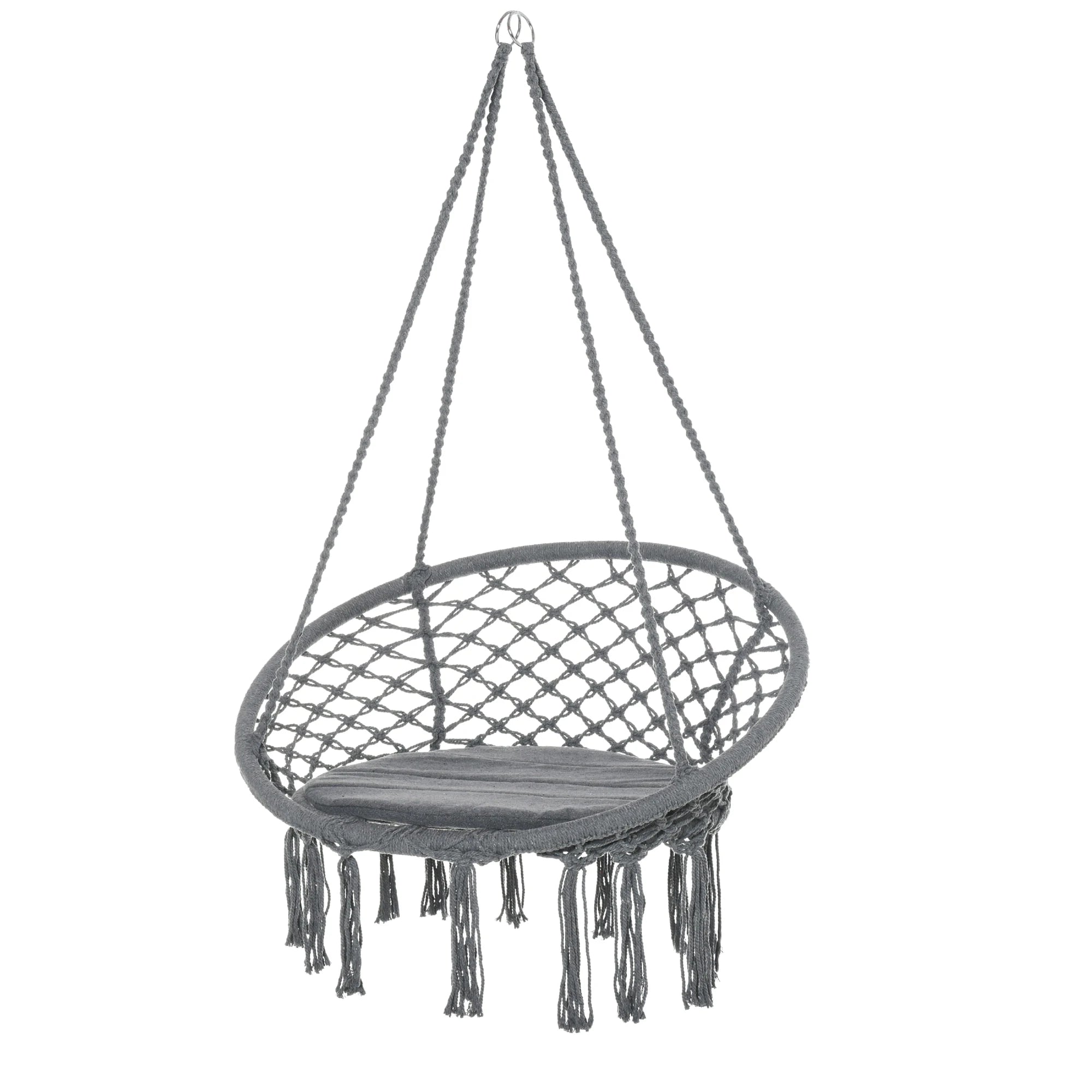 Macrame Hanging Rope Chair with Padded Cushion and Tassel Detail for Indoor and Outdoor Use