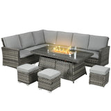 7-Piece Rattan Garden Furniture Set with 50,000 BTU Gas Fire Pit Table, Corner Sofas and Footstools