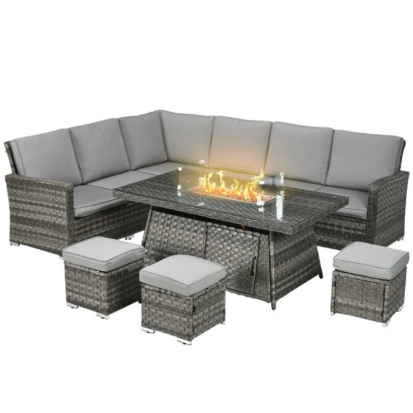 7-Piece Rattan Garden Furniture Set with Gas Fire Pit Table & Footstools
