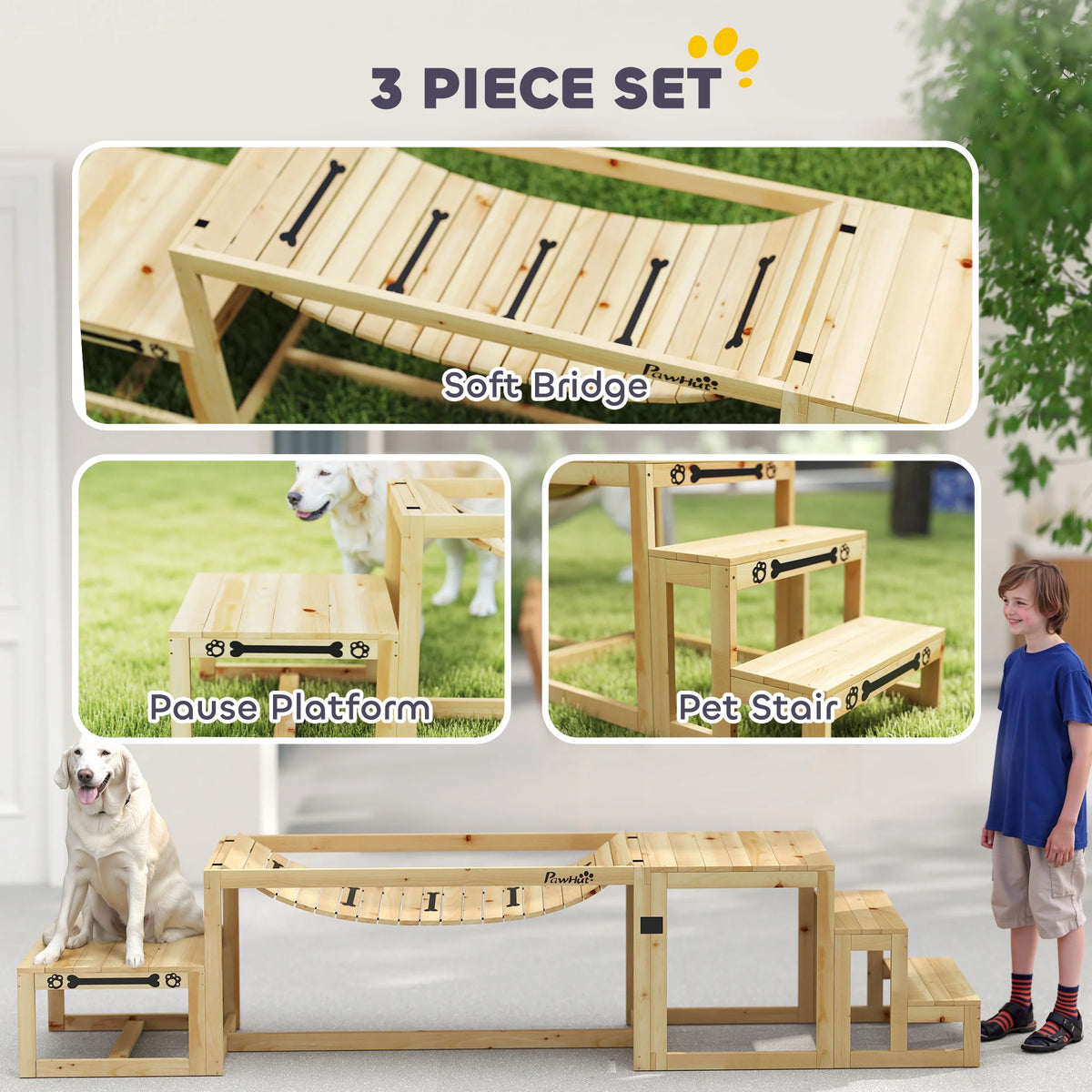 3-Piece Wooden Dog Agility Set with Bridge, Platform and Stairs