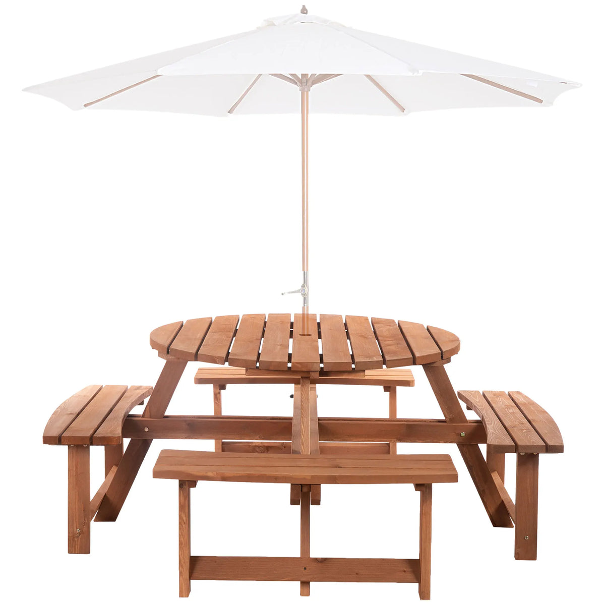 8 Seater Wooden Picnic Table and Bench Set Circular with 4 Benches Parasol Hole Fir Wood 227kg Capacity