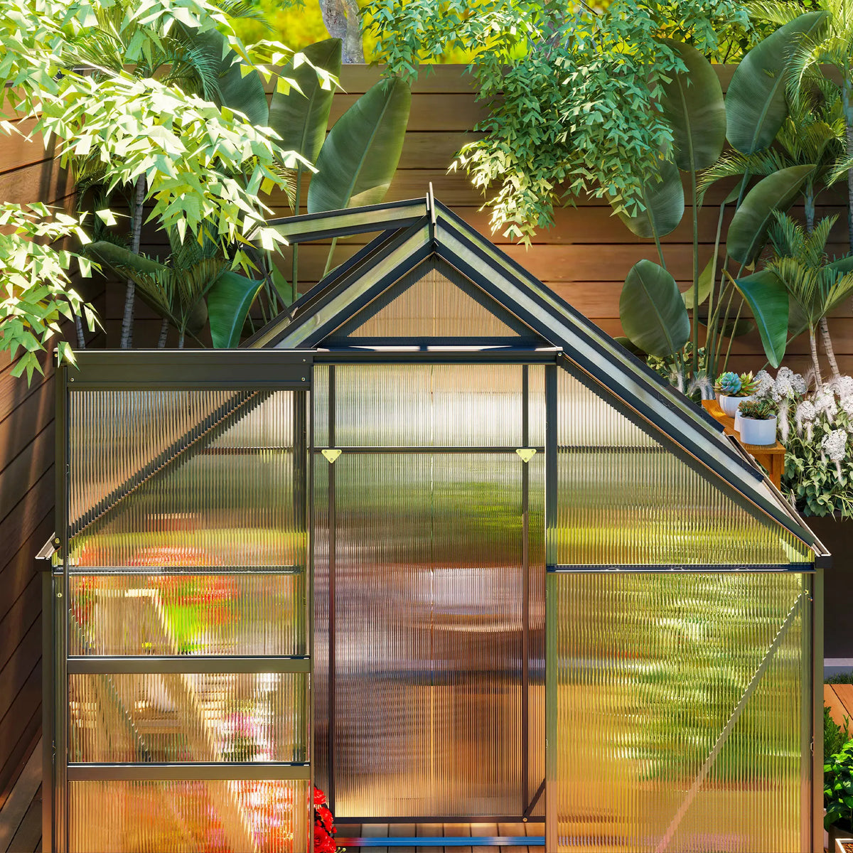 6 x 4ft Polycarbonate Walk-In Greenhouse with Sliding Door and Roof Vent