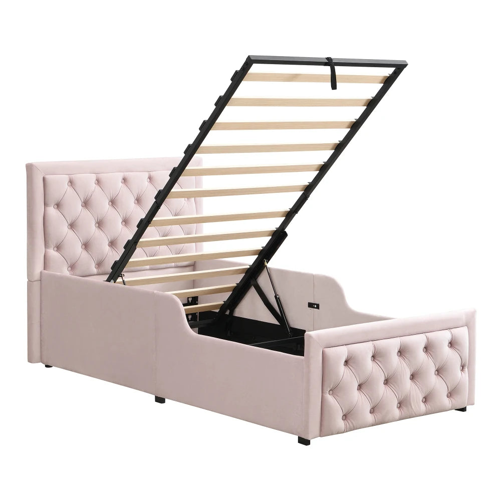 Upholstered Single Bed 3FT 90 x 190cm, Children's Hydraulic Storage Bed with Headboard, Pink Velvet