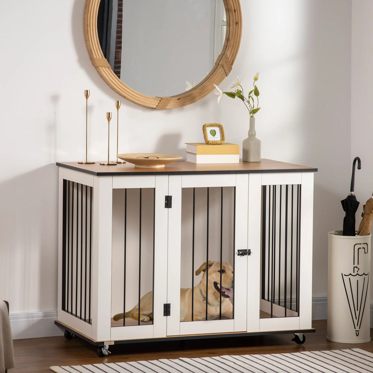 White Dog Crate End Table with Lockable Door and Wheels