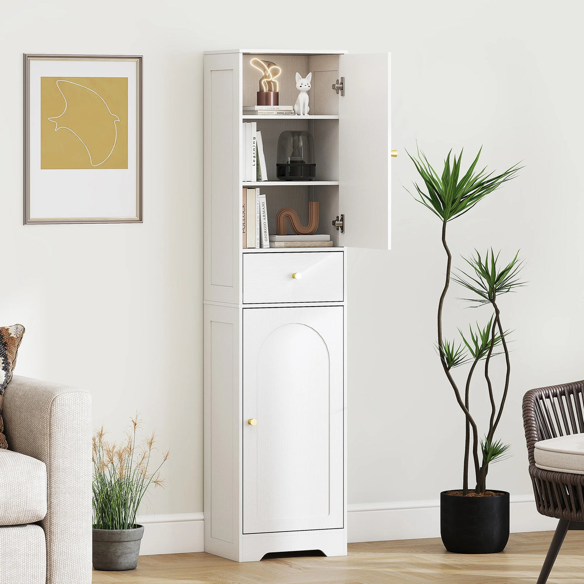 Tall Bathroom Storage Cabinet with Arch Doors and Adjustable Shelf, 40 x 29.5 x 170 cm, White