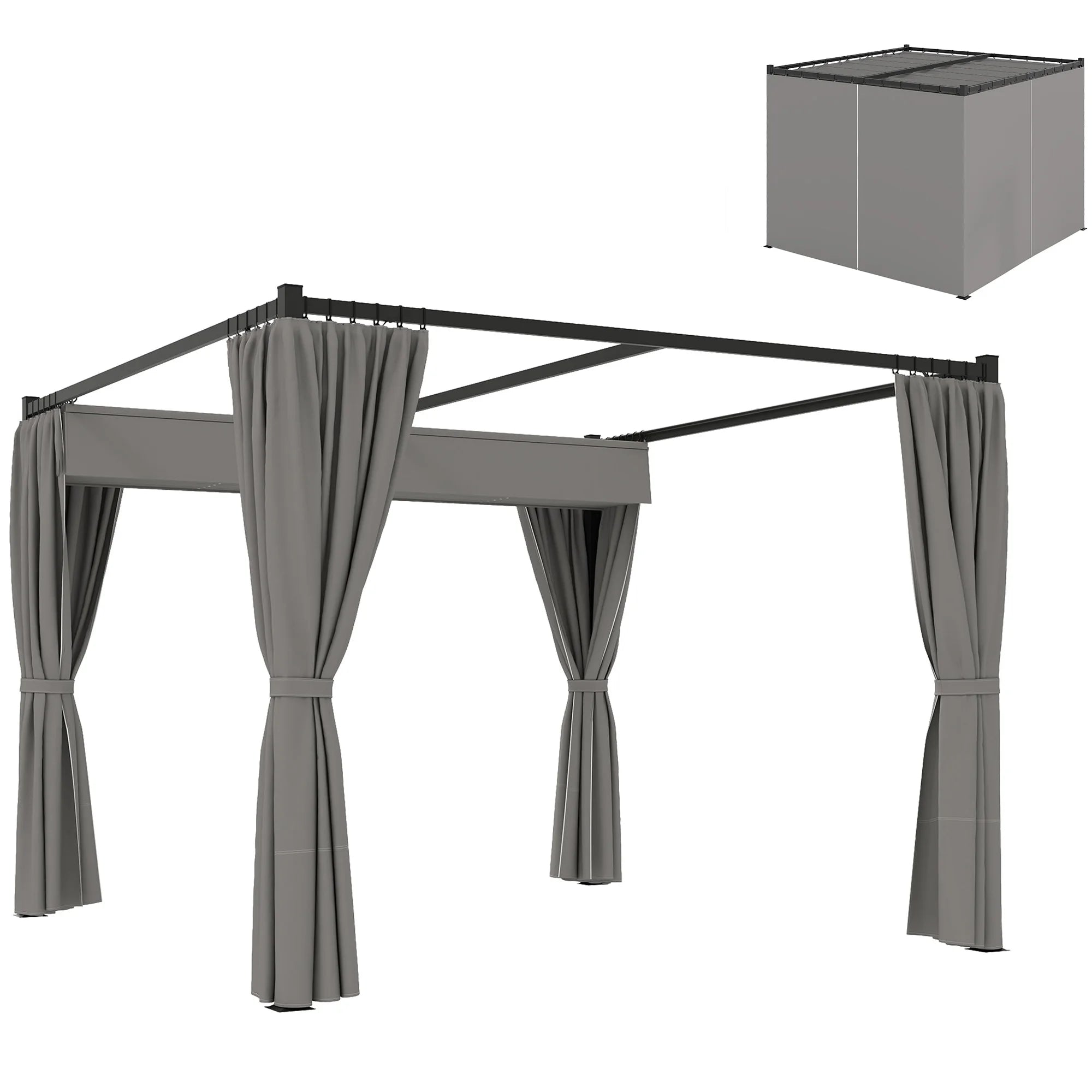 3 x 3m Metal Pergola with Retractable PU-Coated Canopy, Privacy Curtains and Ground Stakes