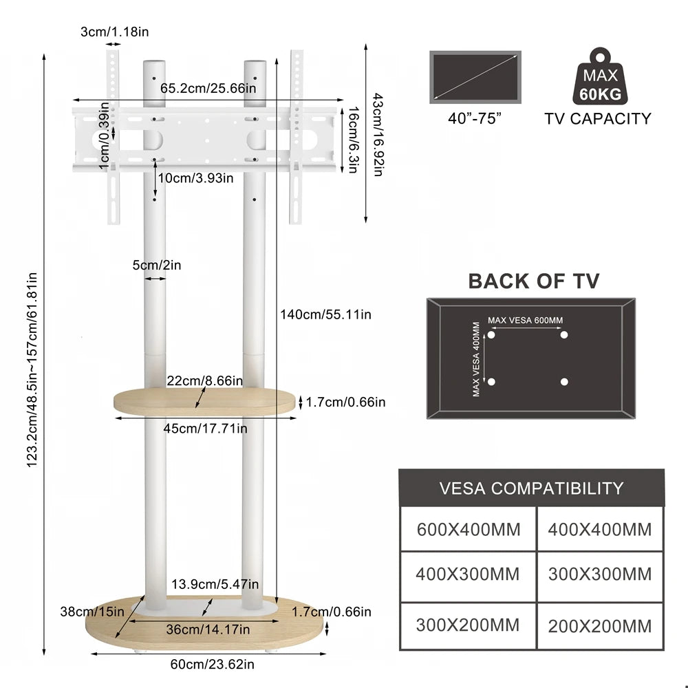 Height Adjustable Rolling TV Floor Stand with Shelves and Wheels for 40-75 Inch TVs, 60kg Capacity