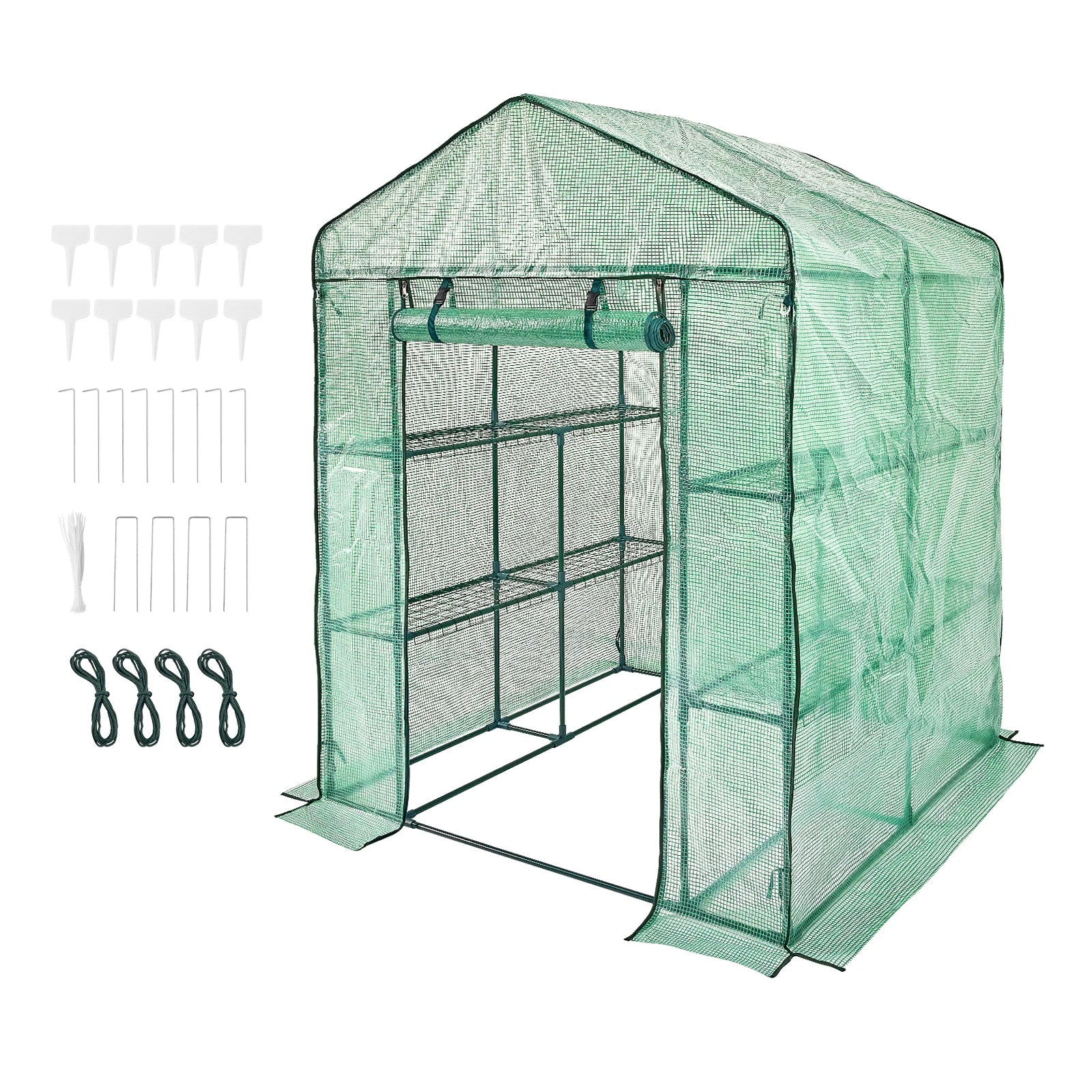 Walk-In Greenhouse with 4 Shelves, Roll-Up Door, UV-Resistant PE Cover and Steel Frame
