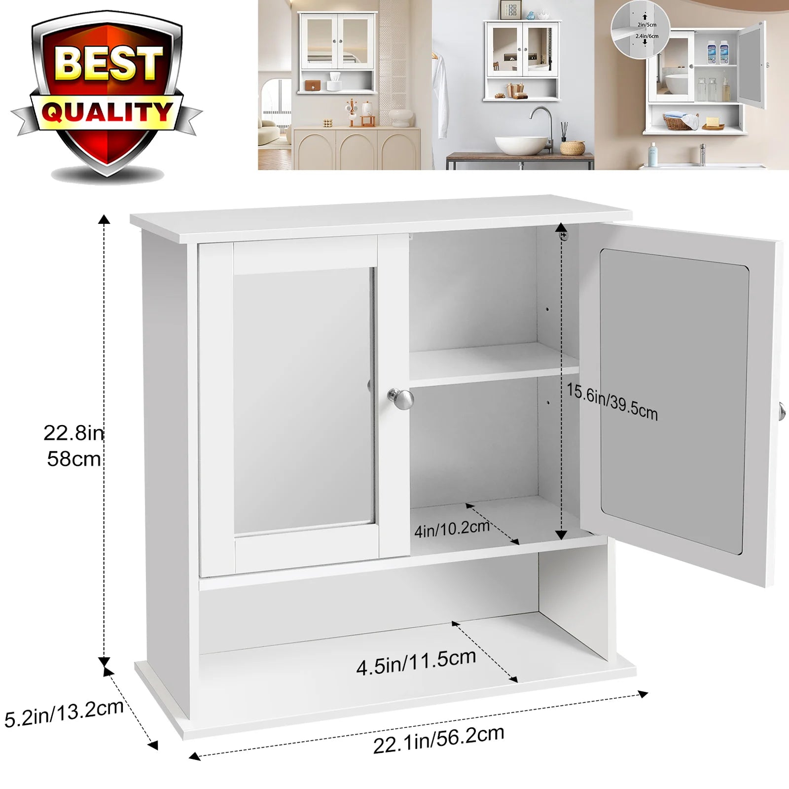 Double Door Mirror Bathroom Wall Cabinet with Adjustable Shelf | White MDF Wall Mounted Storage Cupboard 56x58cm