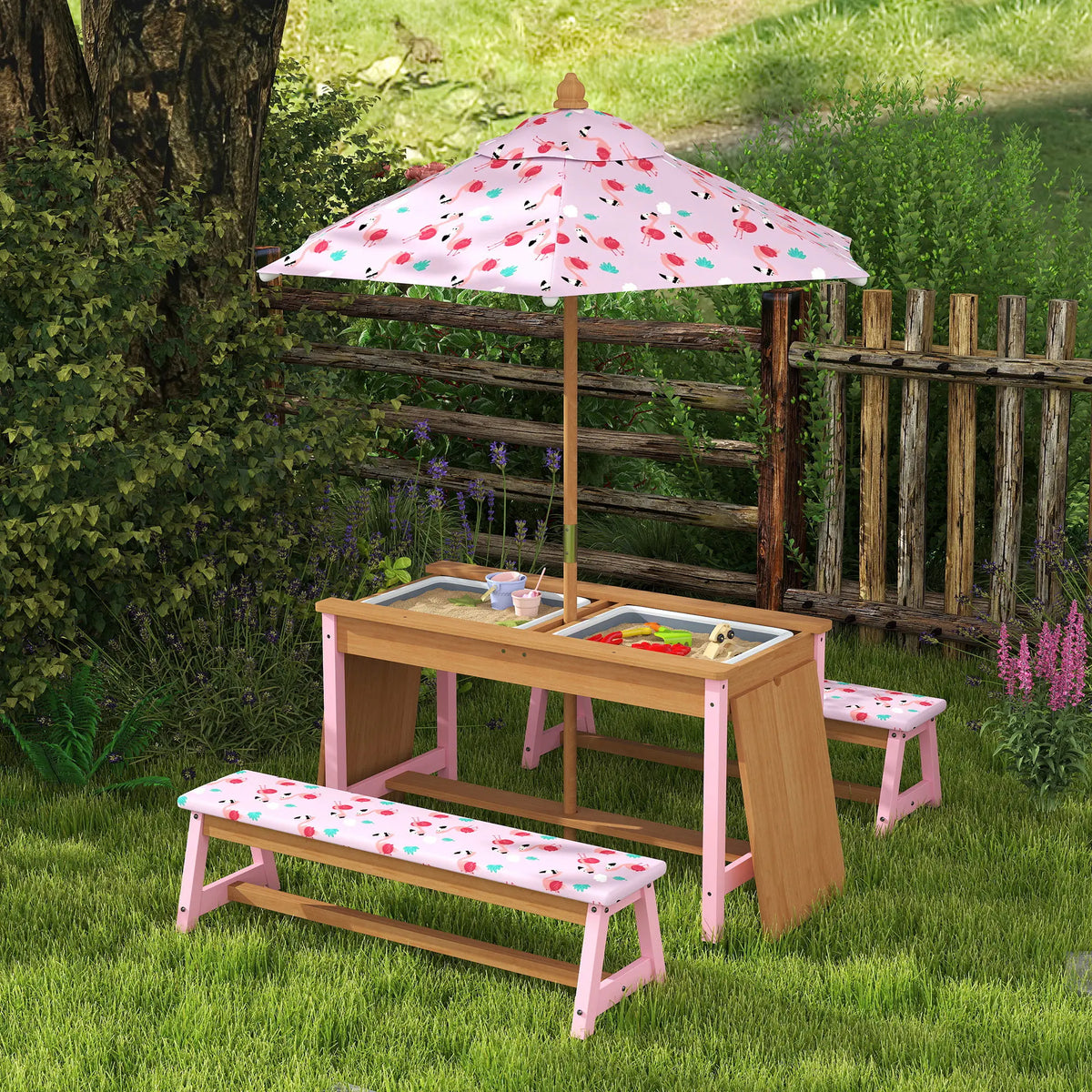 Kids Picnic Table and Bench Set with Umbrella Removable Top Sandbox Storage Boxes Fir Wood Flamingo Pink