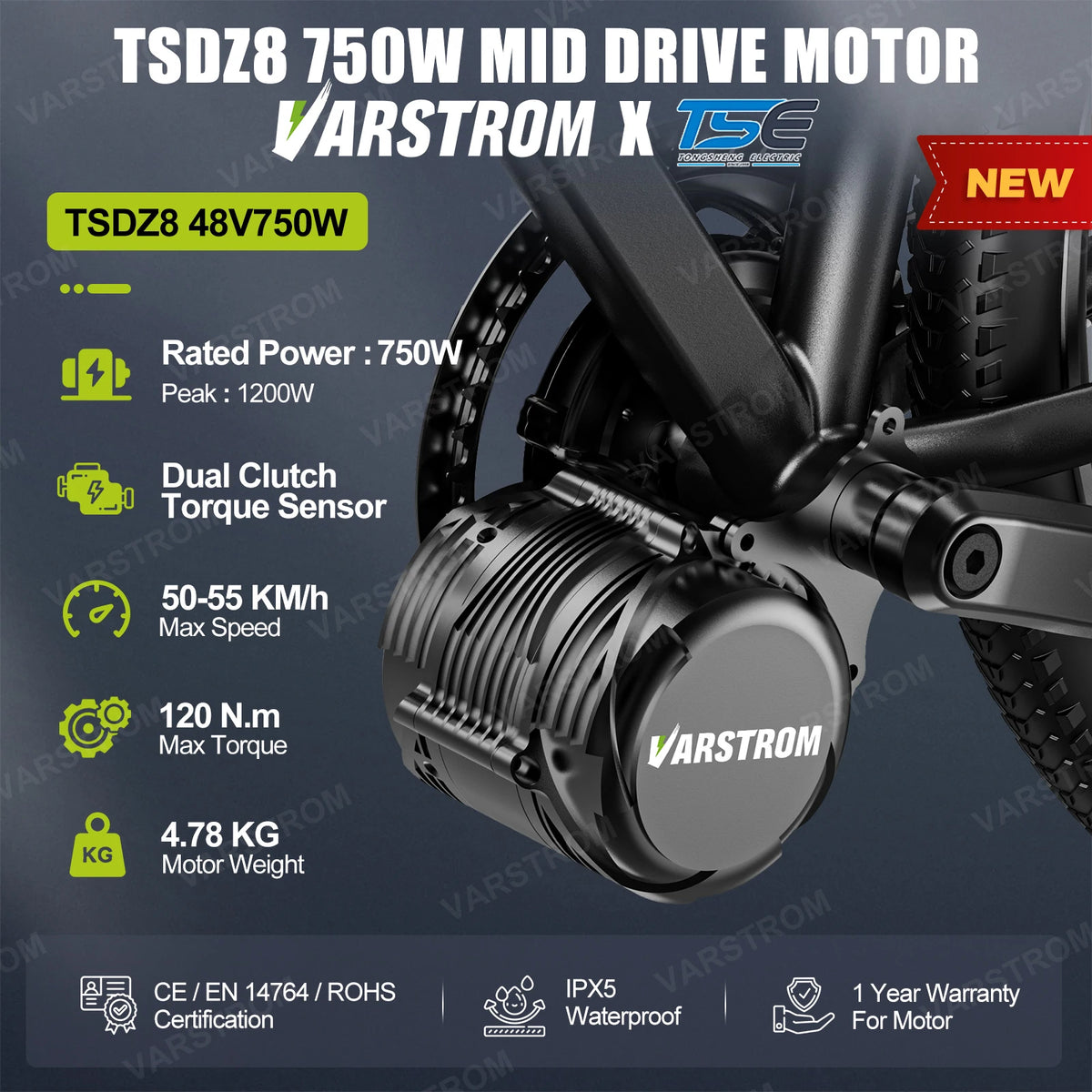 TSDZ2B, TSDZ8 and TSDZ16 Mid-Drive E-Bike Conversion Kit with Torque Sensor, 250W to 1000W, for 68–73mm BB