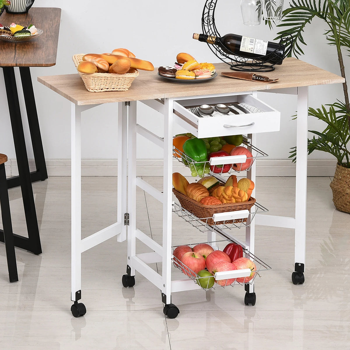 Drop-Leaf Kitchen Trolley with 3 Baskets, Drawer and 6 Wheels, White