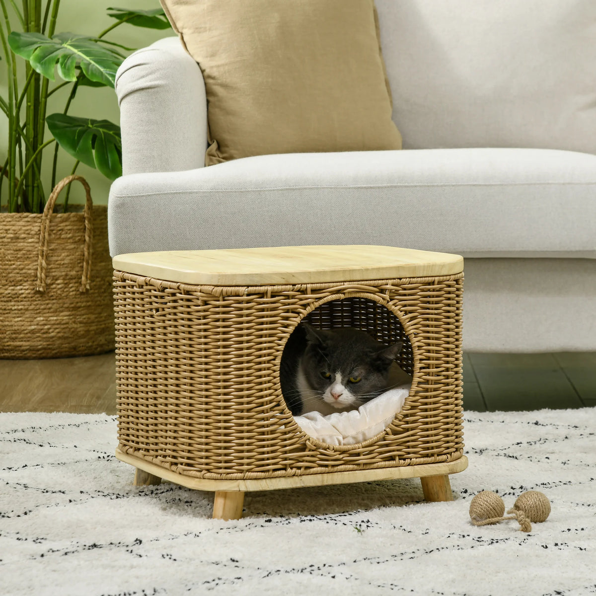 Elevated Wicker Cat House 40x40x34cm PE Rattan Cat Cave with Washable Cushion 19cm Door Light Brown
