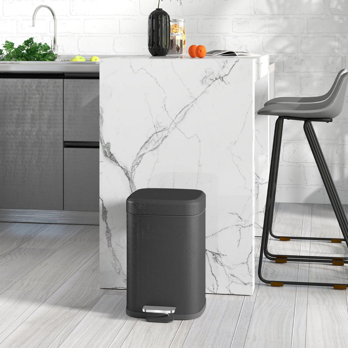 12L Kitchen Pedal Bin, Metal Rubbish Bin with Soft-Close Lid