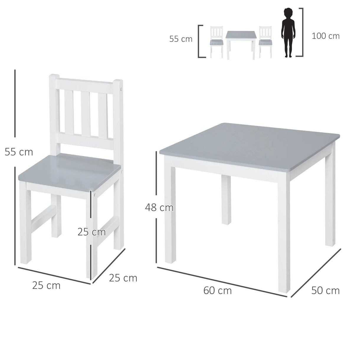 3 Piece Kids Table and Chair Set 60x50x48cm Pine Wood and MDF Toddler Desk with 2 Chairs Grey and White