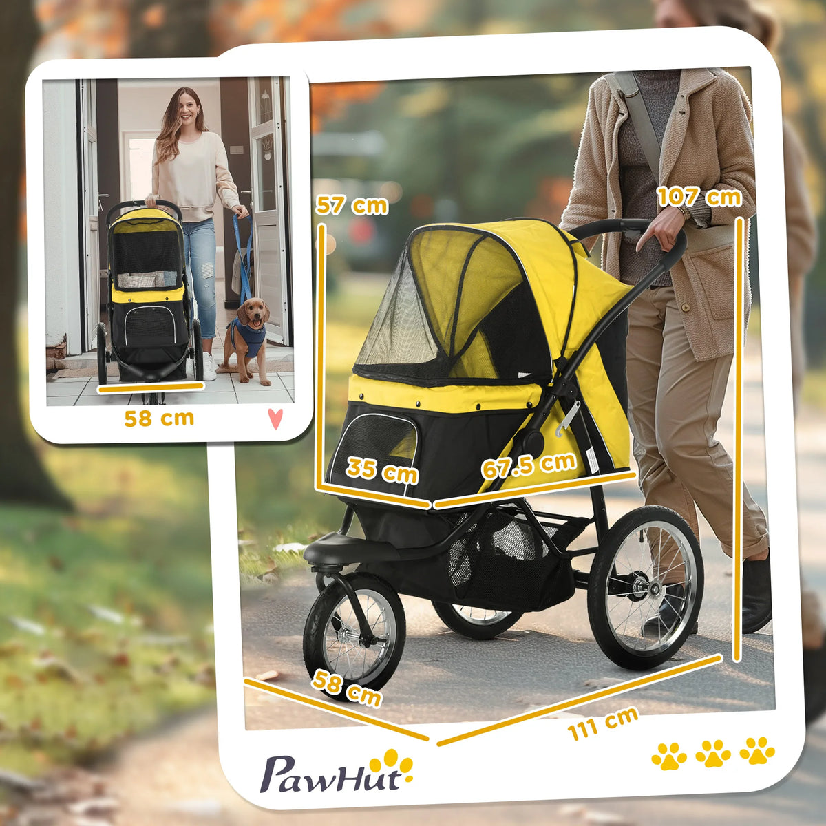 Foldable 3-Wheel Dog Stroller with Canopy for Small and Medium Dogs, Yellow