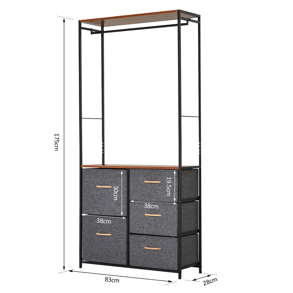 175 x 83cm Freestanding Clothes Hanger Storage Unit with Steel Frame, 5 Drawers and Shelf