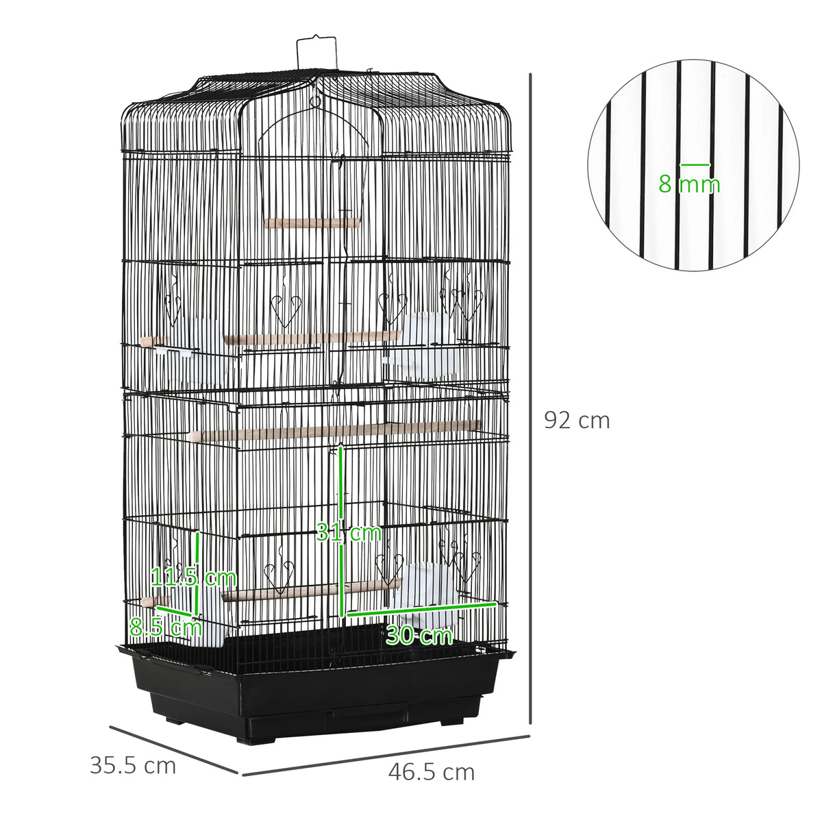 92cm Metal Bird Cage with Perches, Food Bowls and Swing, Black