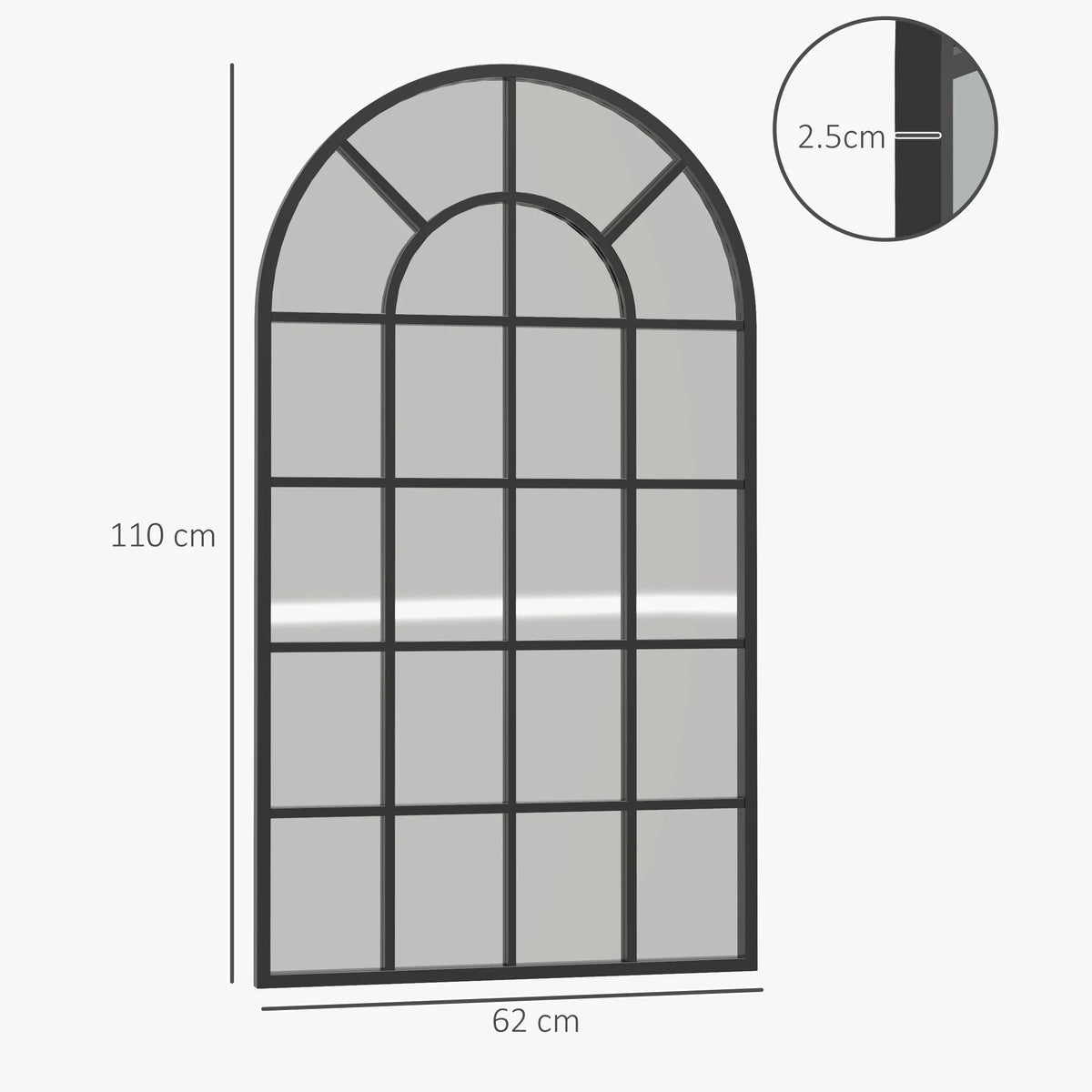 Arch Window Wall Mirror 110x62cm with 22 Panel Segments Shatterproof Thick Glass Screws Included Black