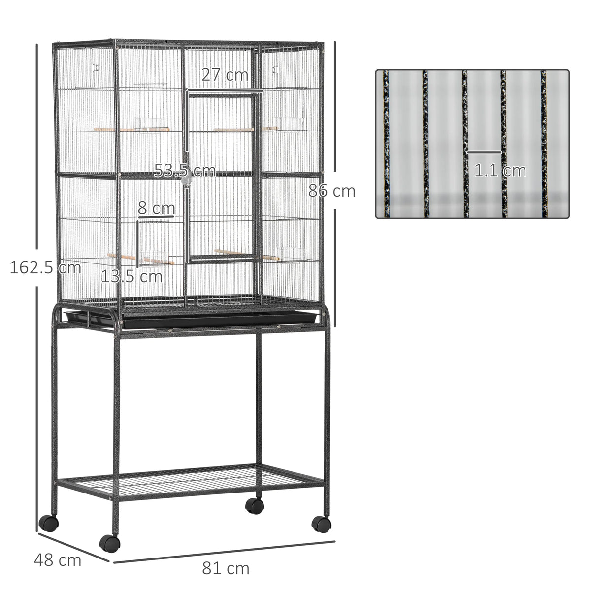 Rolling Bird Cage with Detachable Stand 7 Doors Wooden Perches Food Cups and Pull Out Tray