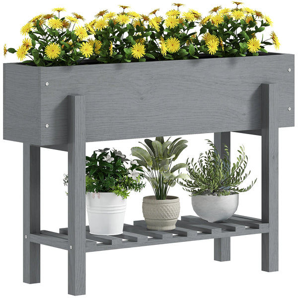 Wooden Raised Garden Bed with Bed Liner, Storage Shelf, Gray