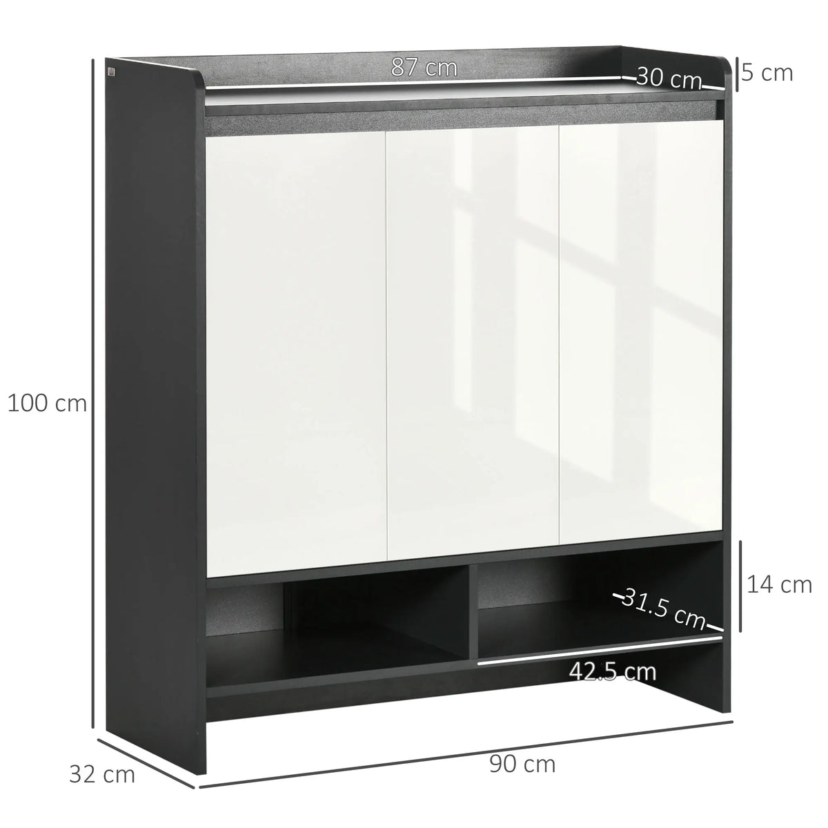 Shoe Storage Cabinet for 19 Pairs with High Gloss Doors 3 Adjustable Shelves and Open Compartments White