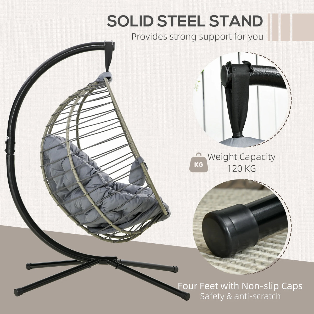 Rattan Hanging Swing Chair with Stand, Cushion and Cup Holder, Grey