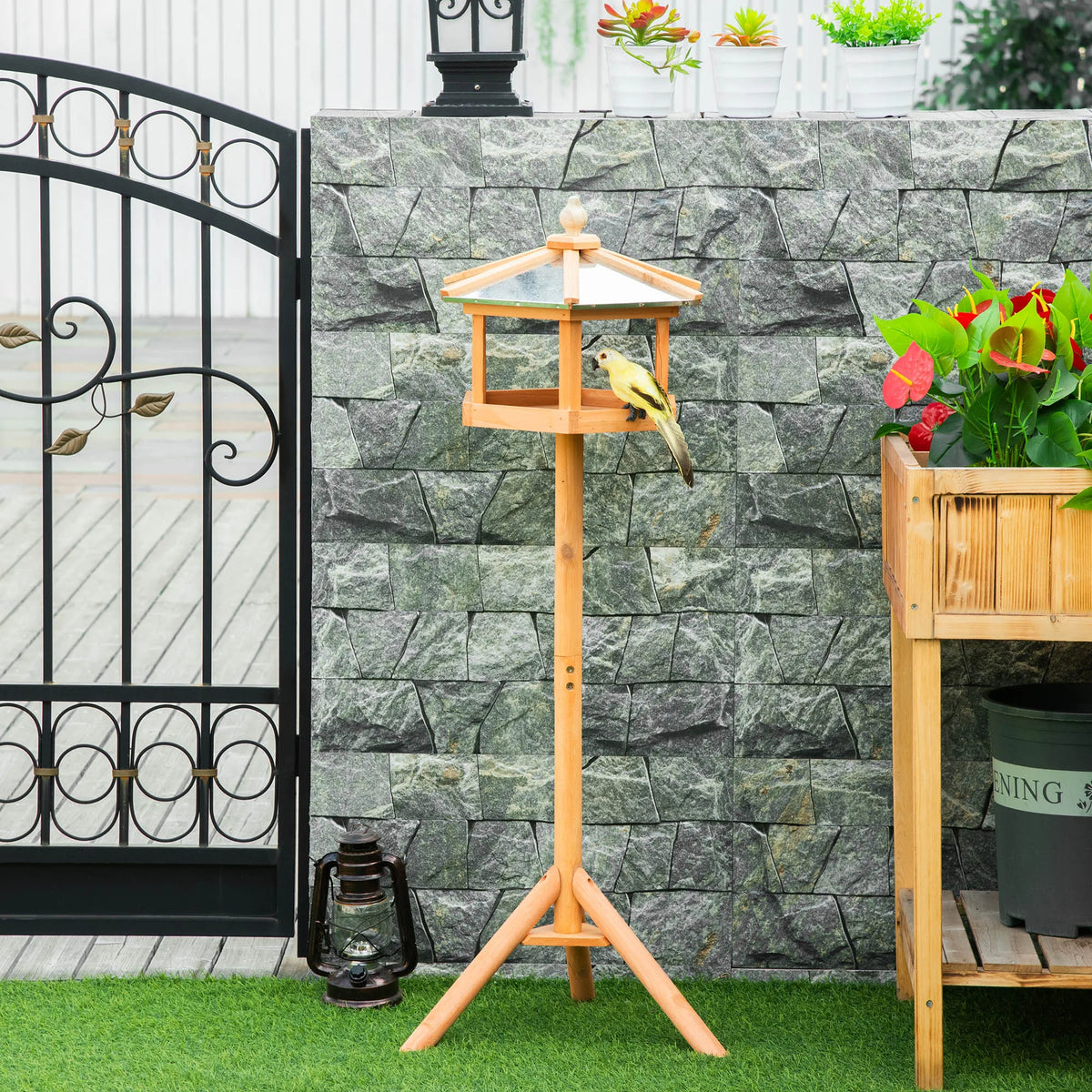Wooden Bird Table Free Standing Feeder 40x113cm Fir Wood with Metal Roof and Tripod Base Natural