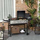 Gas BBQ Grill and Plancha 15kW with 4 Plus 1 Burners Large Cooking Surface Lid Thermometer and Side Burner for Garden Party