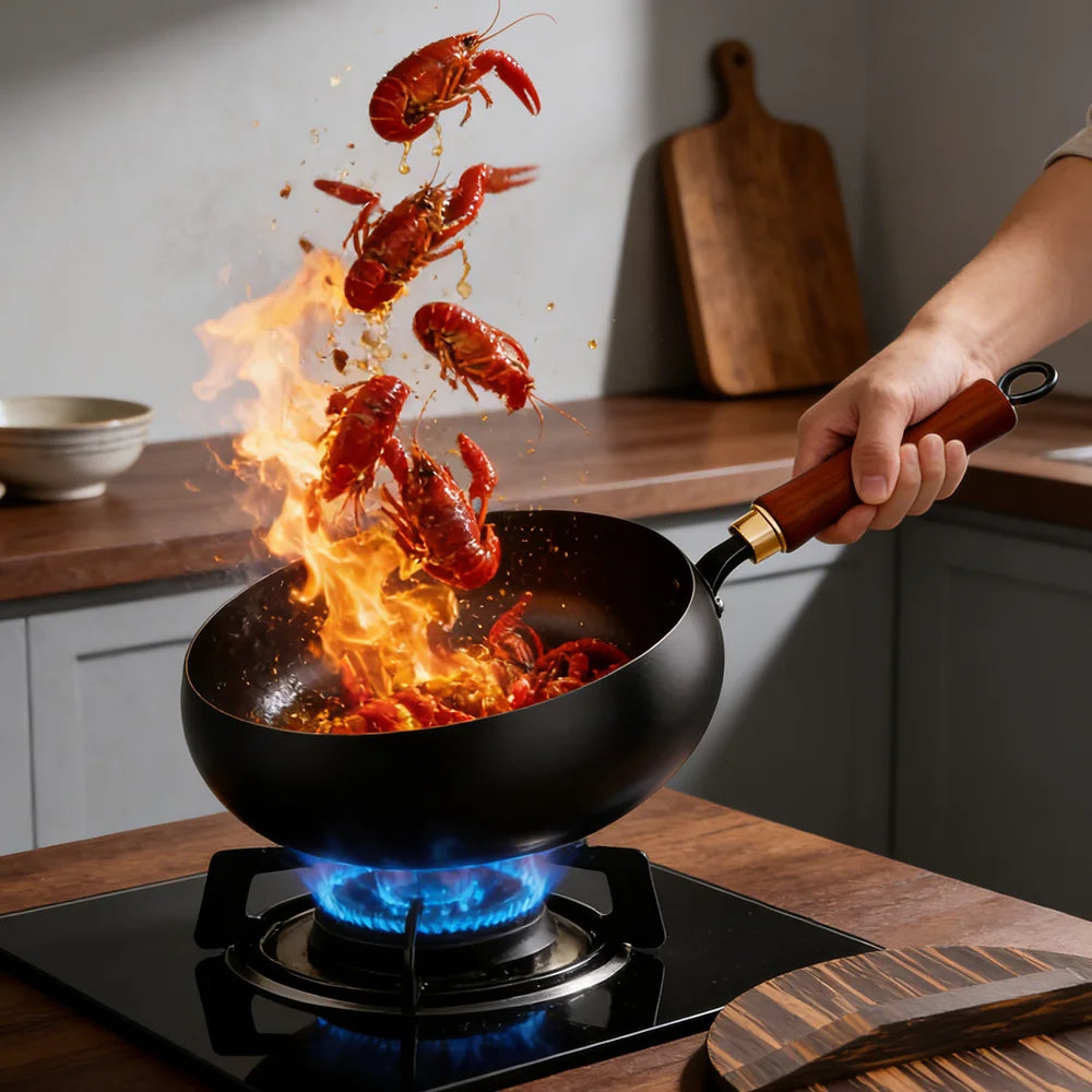 28cm Carbon Steel Wok with Wooden Lid and Beech Handle, Suitable for Induction and Gas