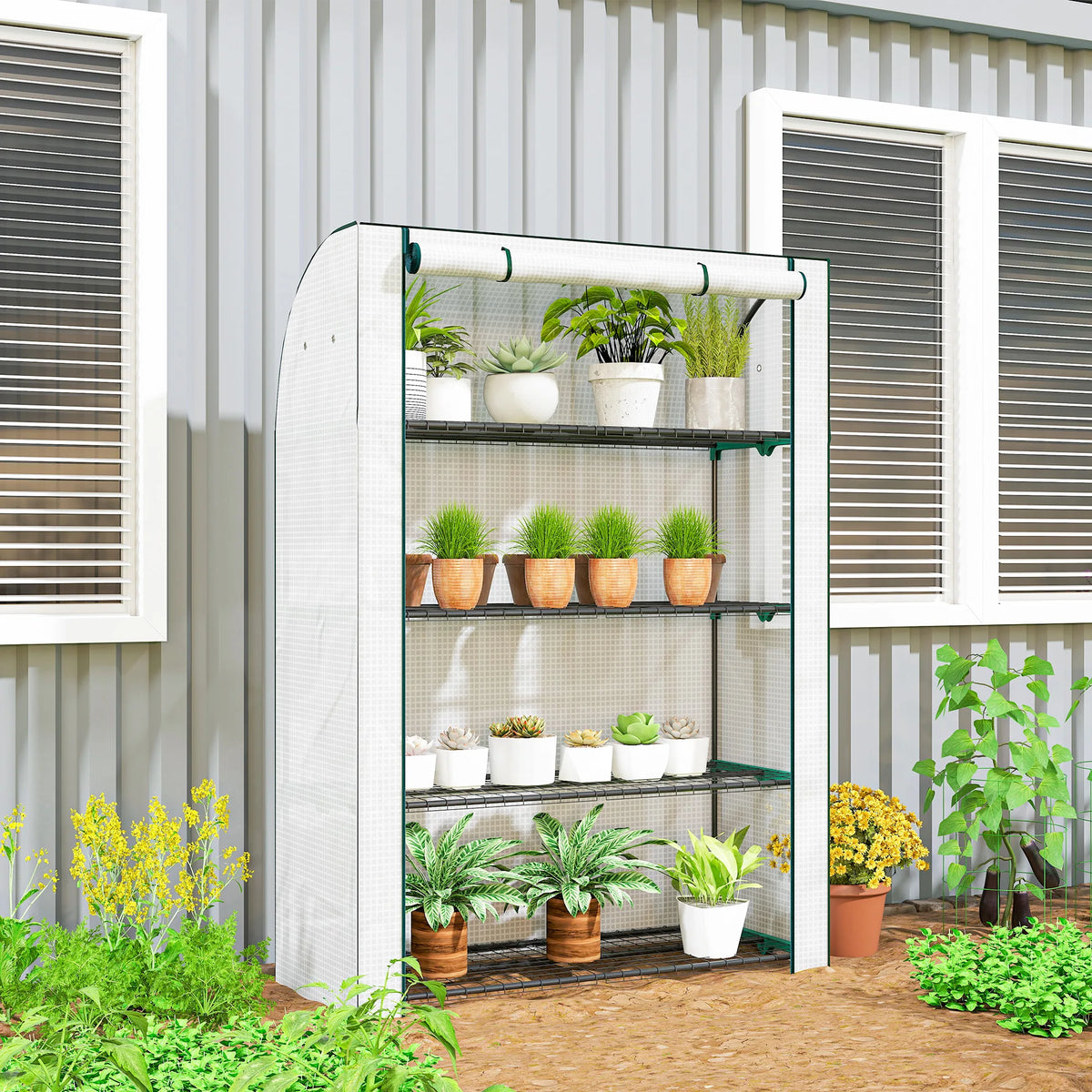 Mini Greenhouse with Reinforced PE Cover and 4 Shelves, Indoor and Outdoor, White