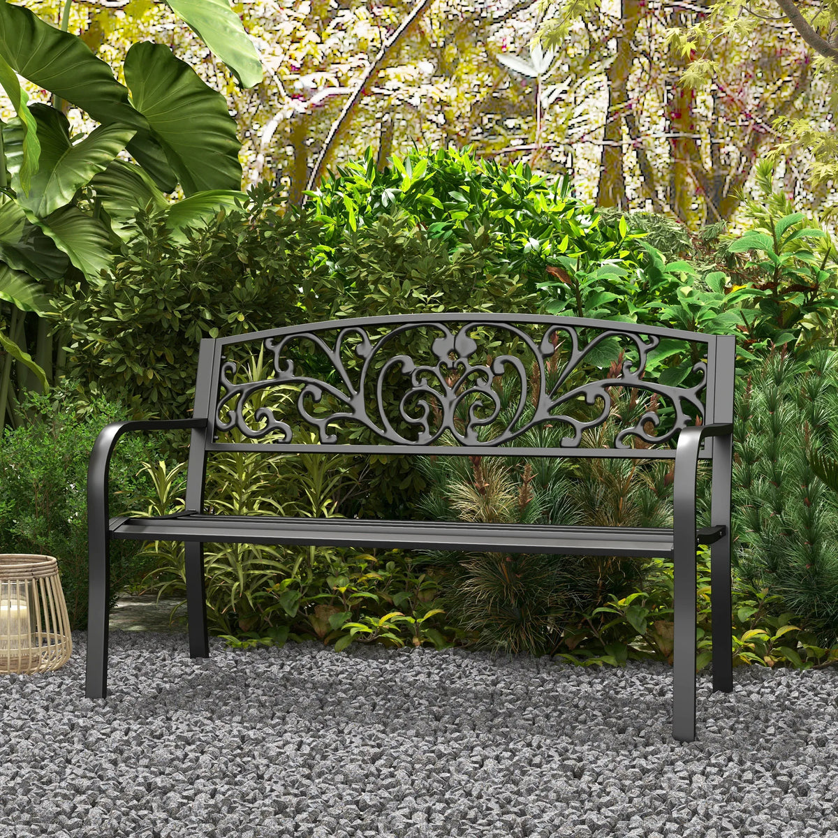 2 Seater Metal Garden Bench with Floral Backrest, Powder Coated Steel, Black