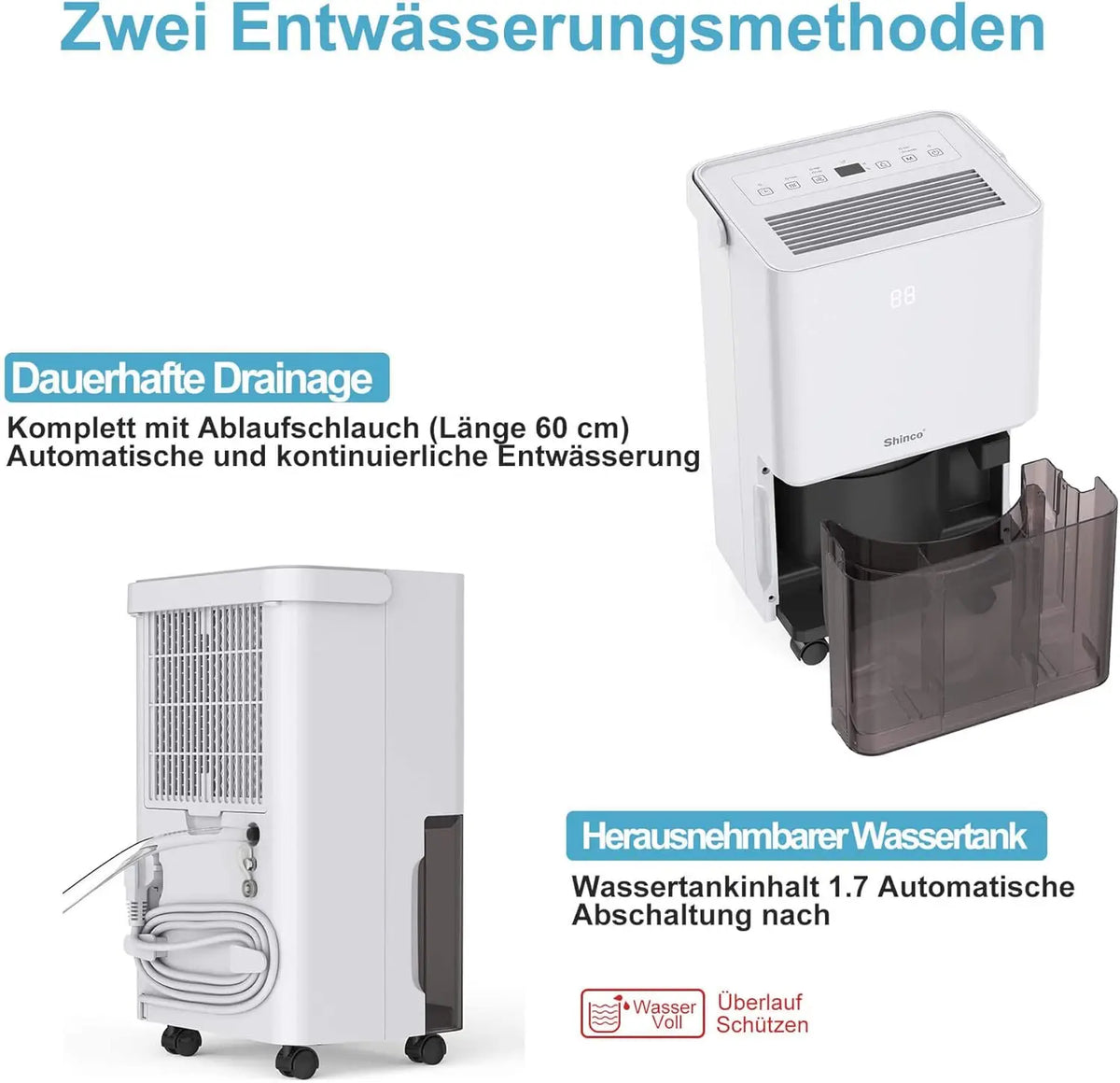 10L Electric Dehumidifier with Humidity Sensor and Drain Hose, for Rooms up to 15m²
