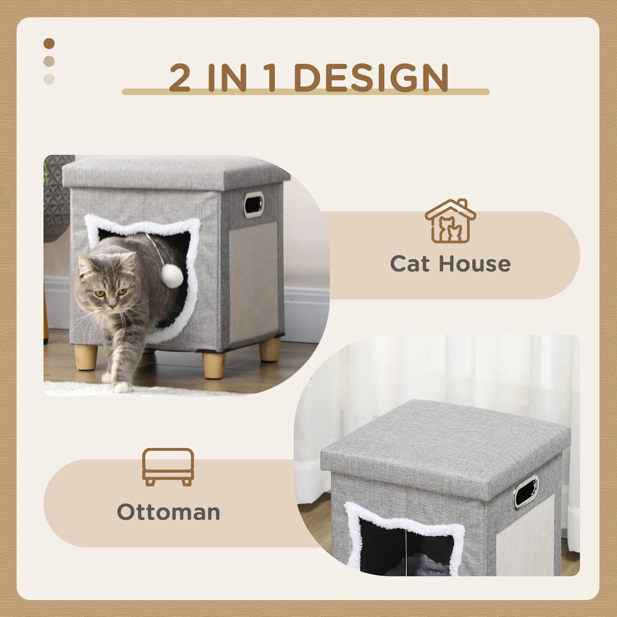 2 in 1 Cat Bed and Ottoman with Removable Washable Cushion Scratching Pad Hanging Ball and Handles