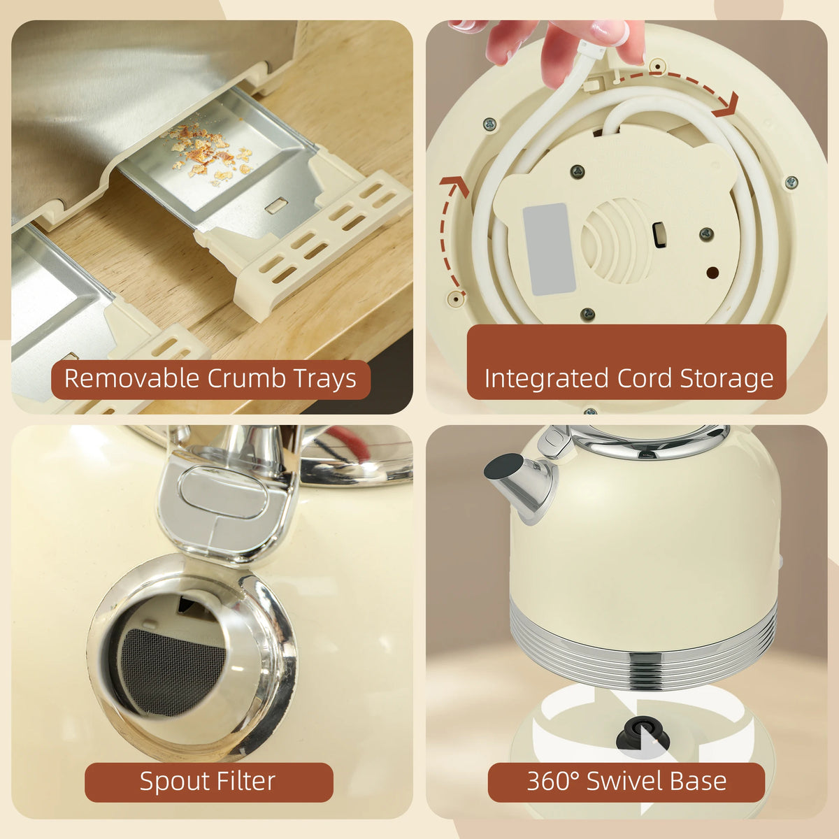 1.7L Kettle and 4-Slice Toaster Set, Cream and Stainless Steel