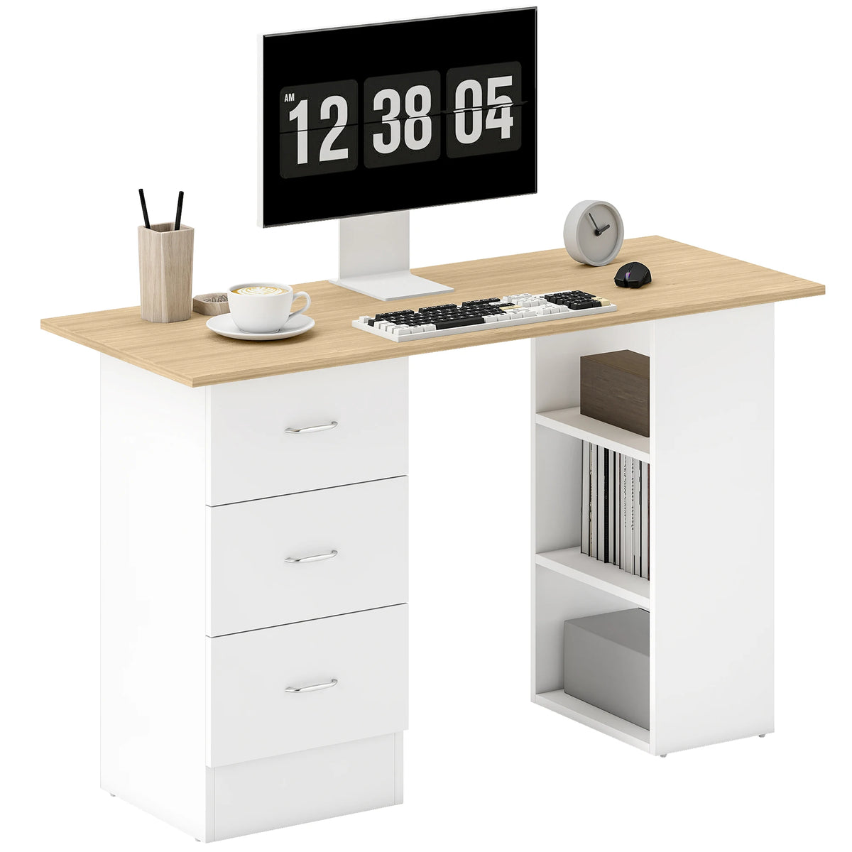 Computer Desk 120x49x72cm with 3 Drawers and 3 Open Shelves Reversible MDF Study Table Natural