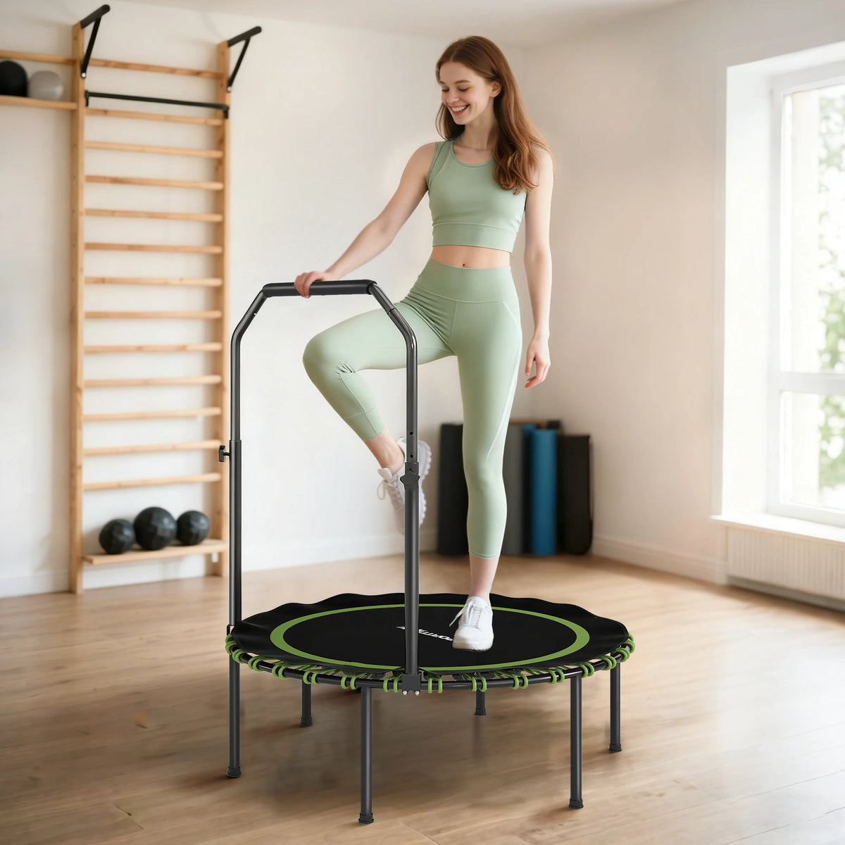 40'' Foldable Fitness Trampoline, Mini Trampoline Bungee Rebounder with 5-Level Adjustable Handle for Adults Indoor Outdoor