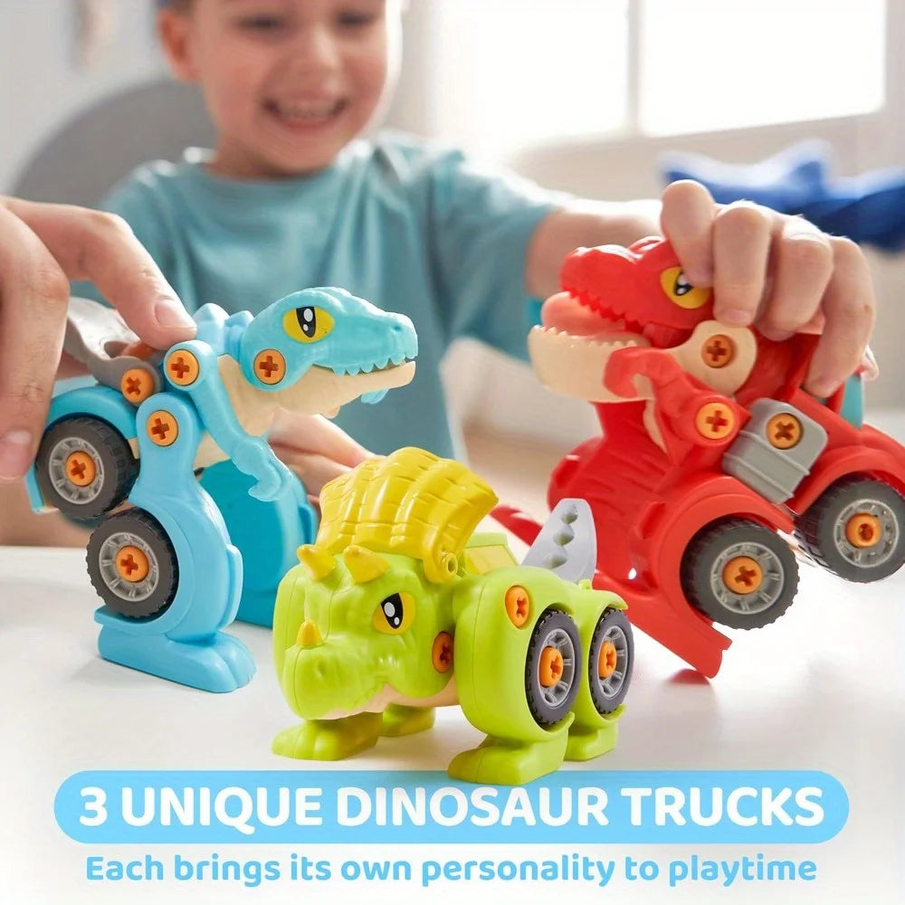 3 Pack Dinosaur Take Apart Toy Cars with Electric Drill T-Rex Raptor and Triceratops Transform Trucks for Kids